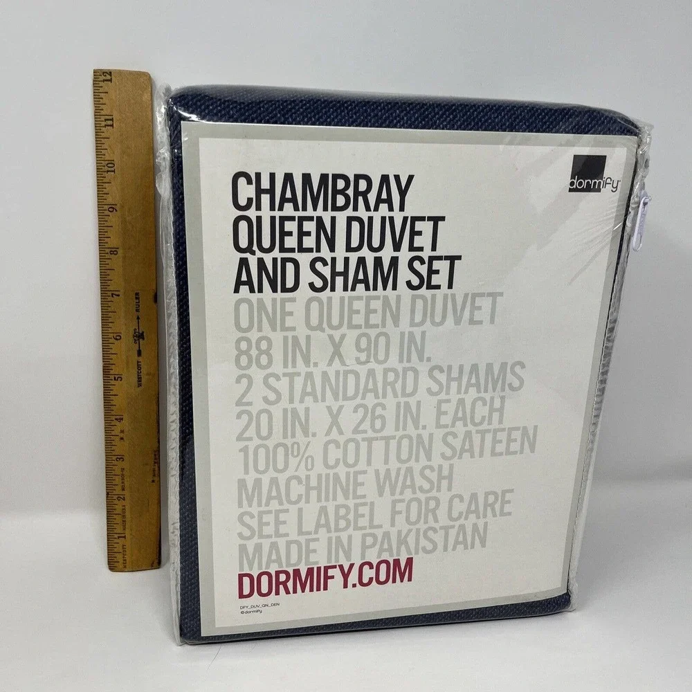 DORMIFY‎ Blue Chambray Queen Duvet and Standard Sham Set 100% Cotton Satine NEW